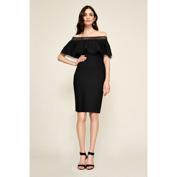 Tadashi Shoji Black Swoop Off Shoulder Sheath Dress sz Small - Picture 1 of 10